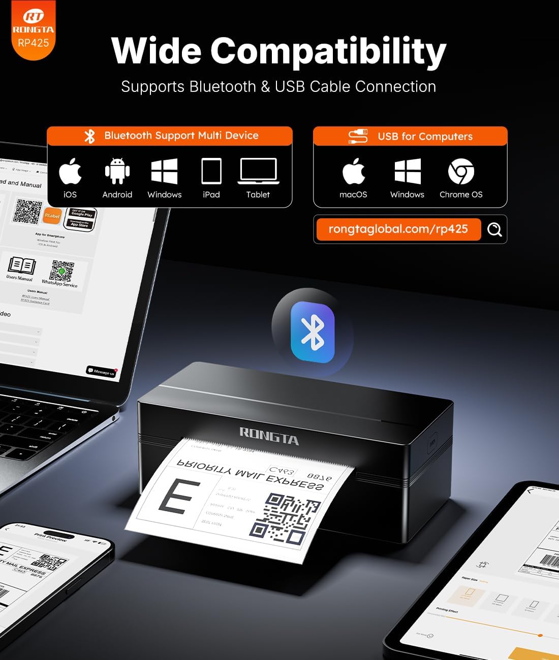 Thumbnail 1 de Rongta RP425 Bluetooth Wireless 4x6 Thermal Shipping Label Printer for iOS and Android