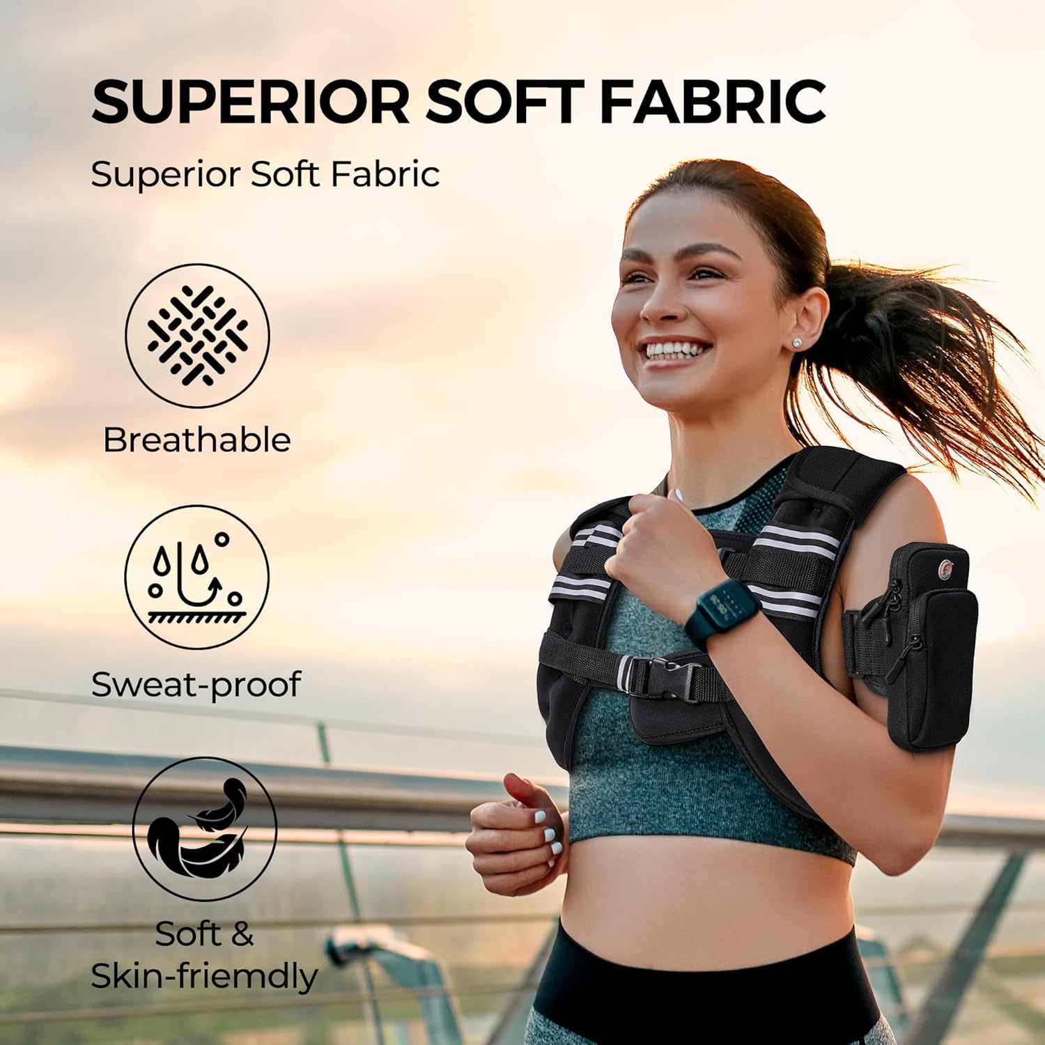 Detalle de PACEARTH Weighted Vest (6–30 lb) with Reflective Stripe, Odor-Free Lycra and Phone Pouch