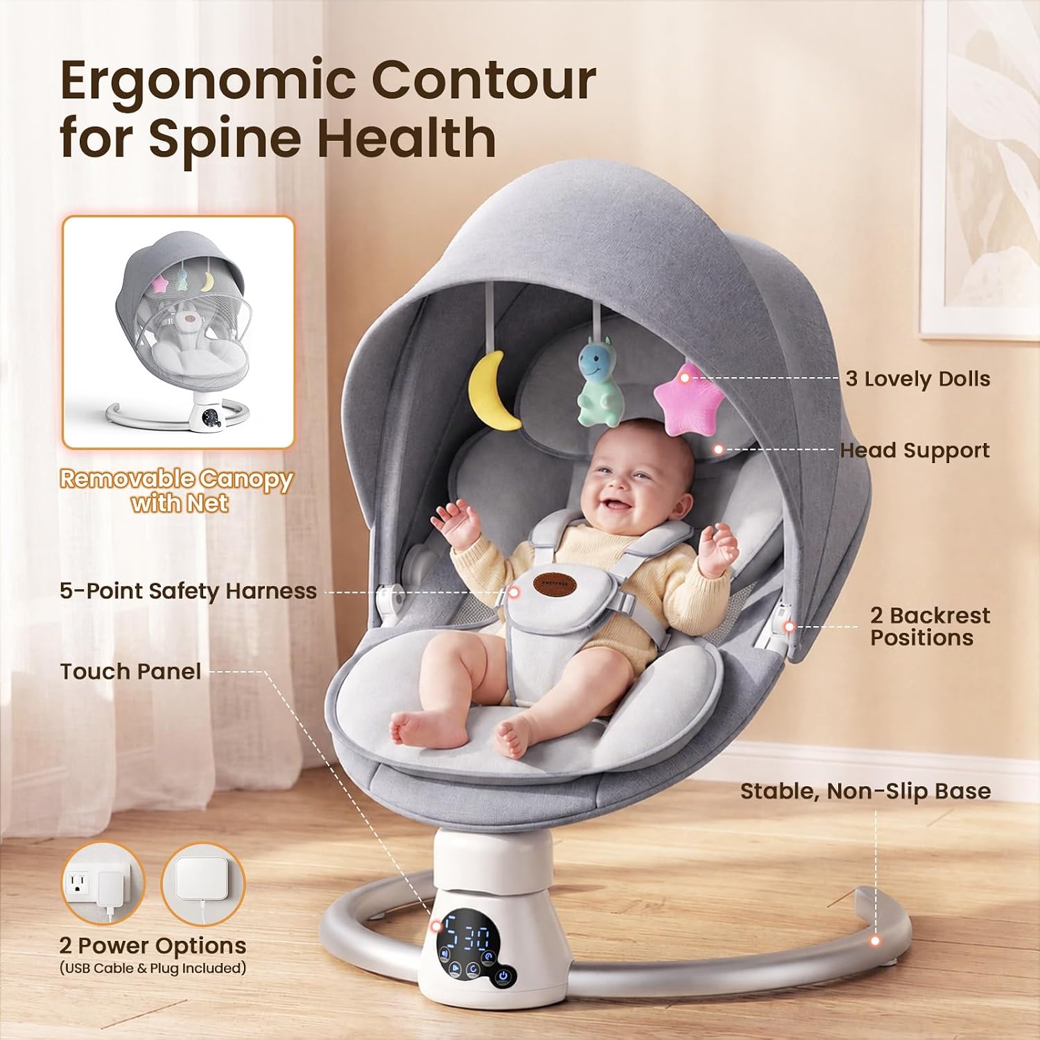 Thumbnail 2 de Smelluck Electric Baby Swing with App Control, 2 Recline Positions and Mesh Seat