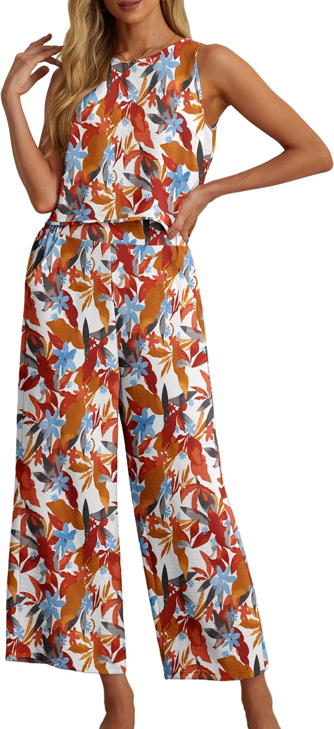 Detalle de IWOLLENCE Women's Summer 2 Piece Outfit Set: Sleeveless Crop Top + Wide-Leg Pants