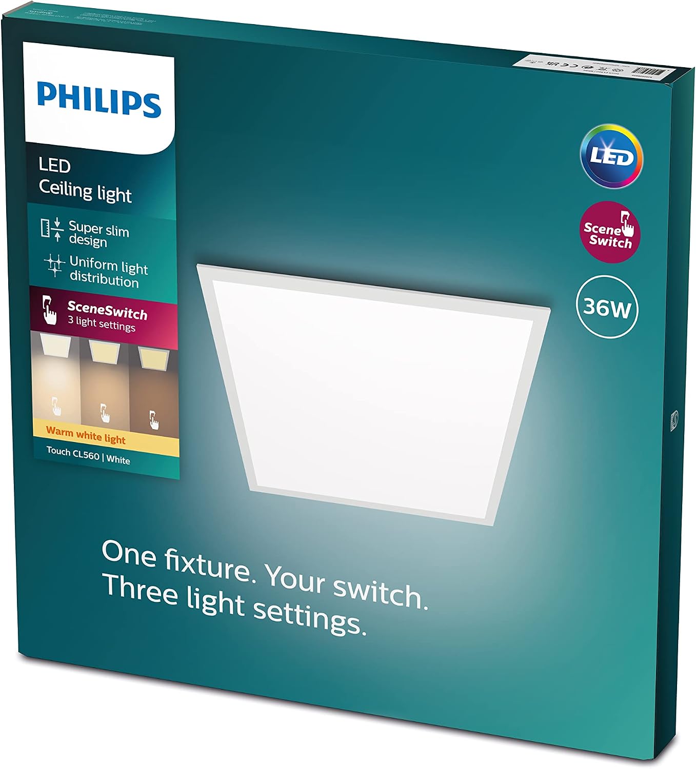 Detalle de Philips LED Panel Square Ceiling Light SceneSwitch Dimmable 36W (2700K) – Warm White for Indoor Living Areas
