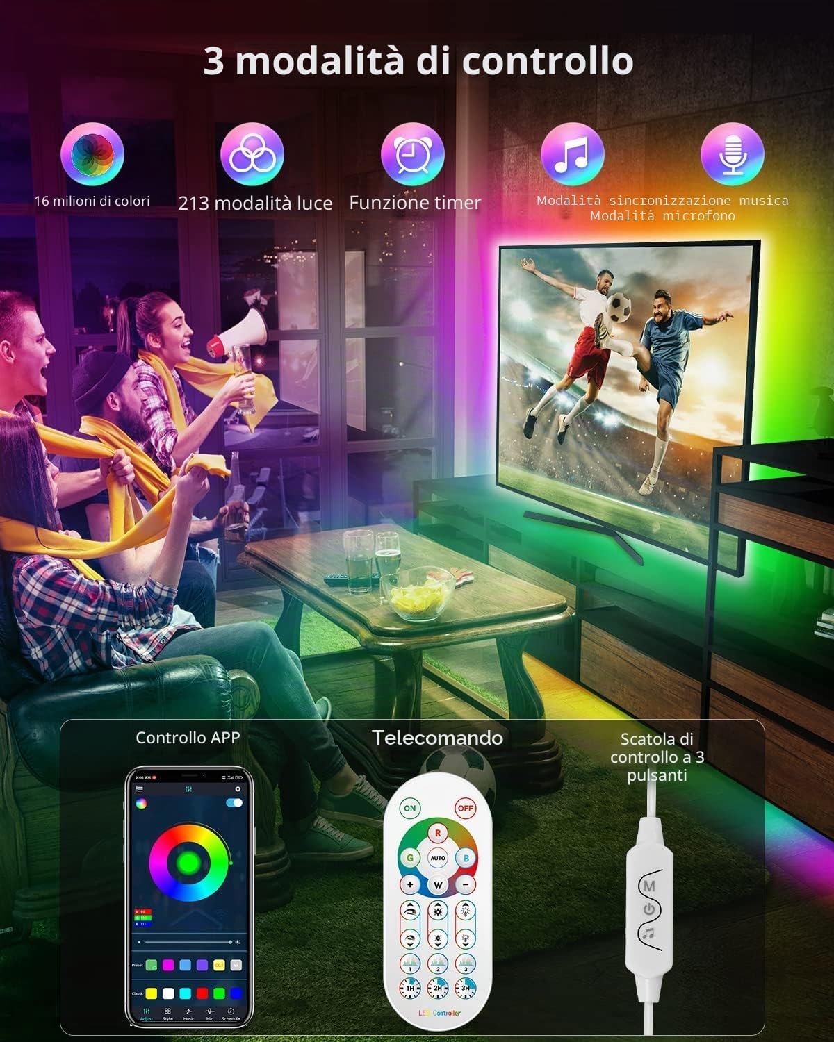 Thumbnail 5 de DAYMEET Retroilluminazione LED 3M USB per TV 32-60 Pollici – Striscia RGBIC con telecomando, Bluetooth e app