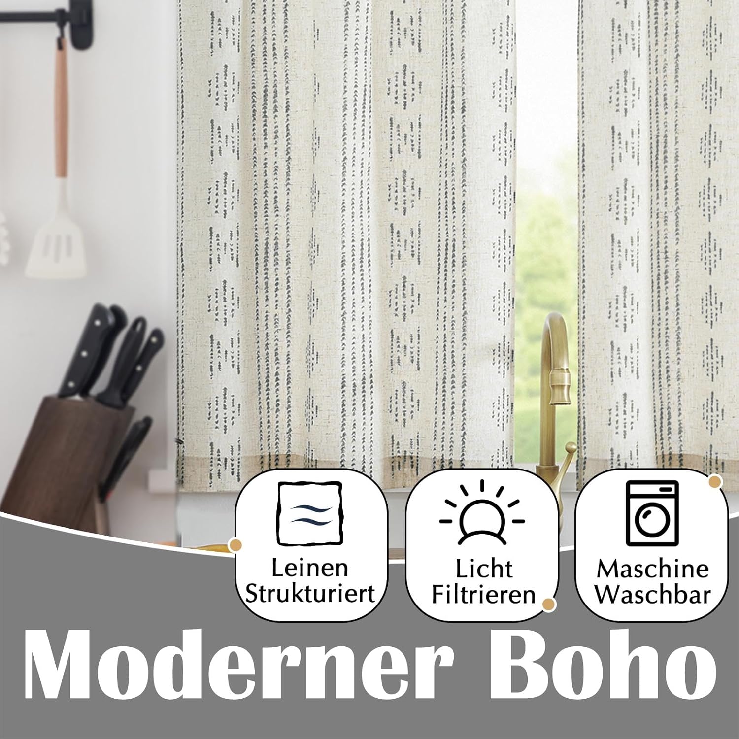 Thumbnail 2 de Vangao Scheibengardinen Modern Küche Boho gestreift (2er-Set) mit Stangendurchzug in Leinenoptik