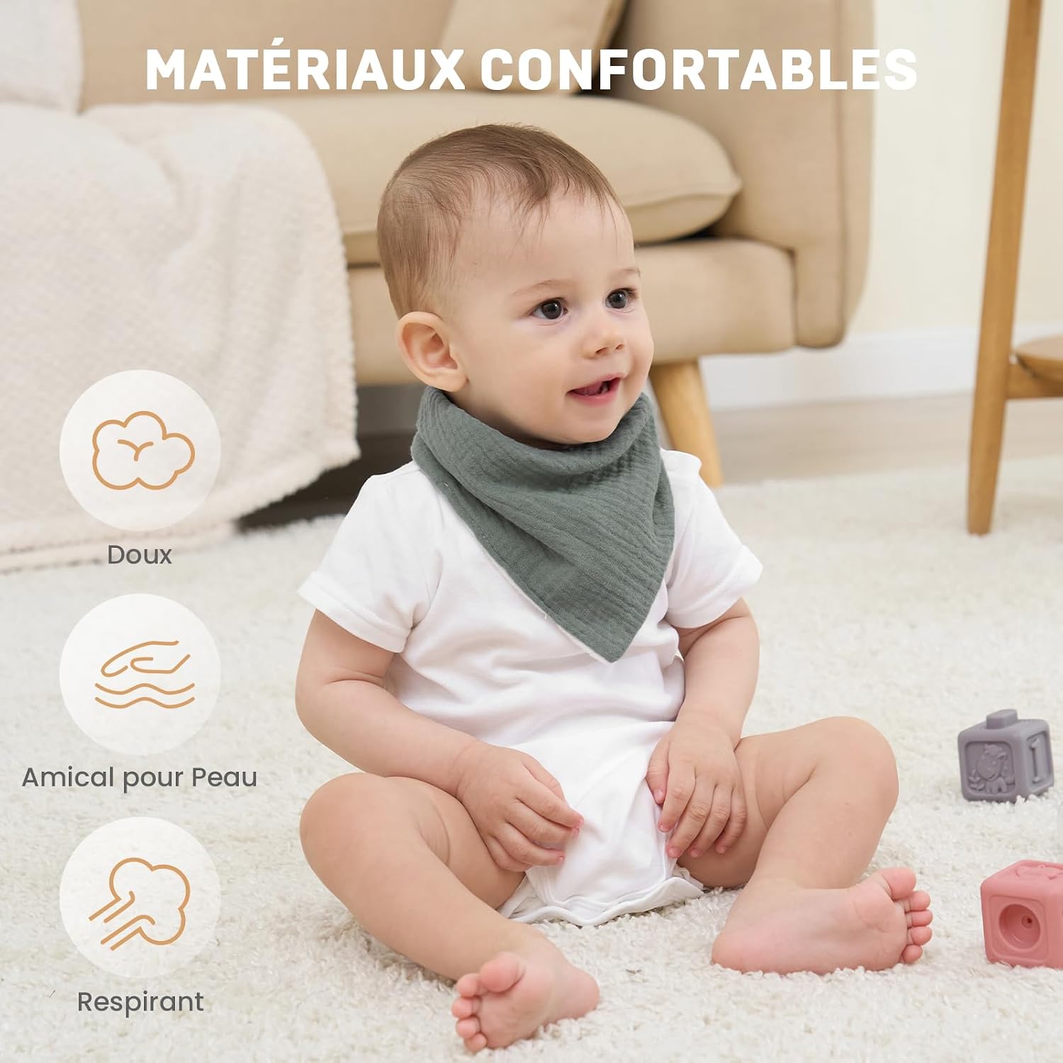 Thumbnail 3 de IKWOLETI Bavoirs Bébé Naissance Mousseline – Lot de 8 Bandana Bavoirs absorbants et ajustables
