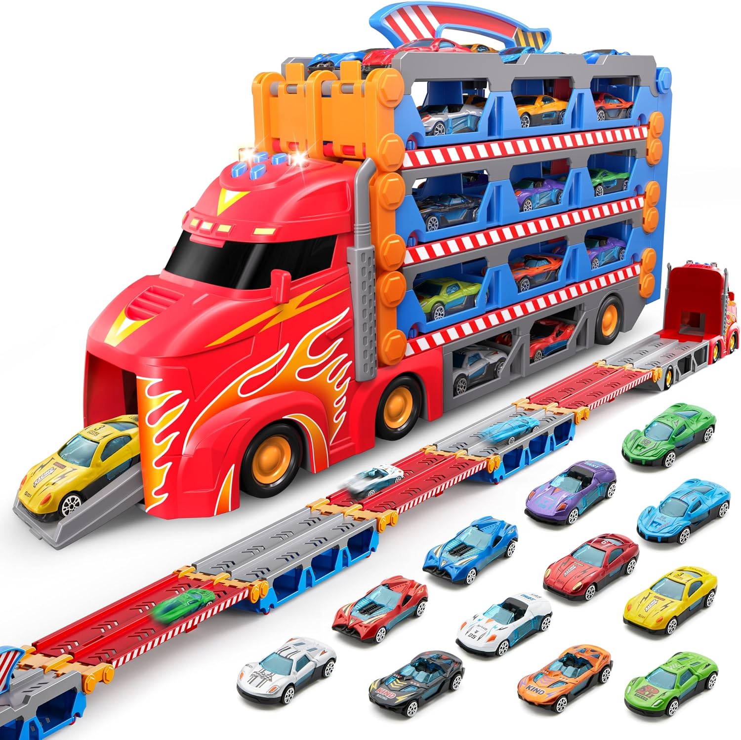 Detalle de SYNCFUN Transport Race Truck Toy Cars – 8-Foot Foldable 3-Layer Race Track Set with 12 Cars, Lights & Sounds