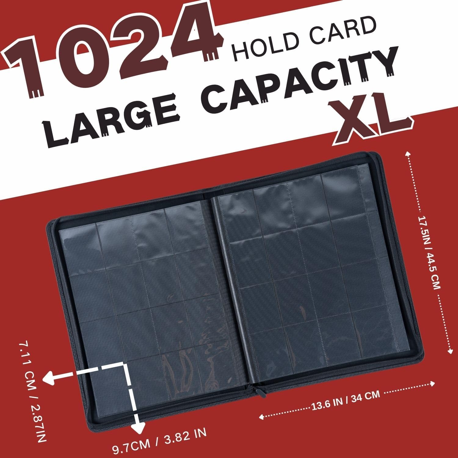 Detalle de KUOOKING K00SBa2 16-Pocket Trading Card Binder, Red, Zippered, 1,024-Card Capacity
