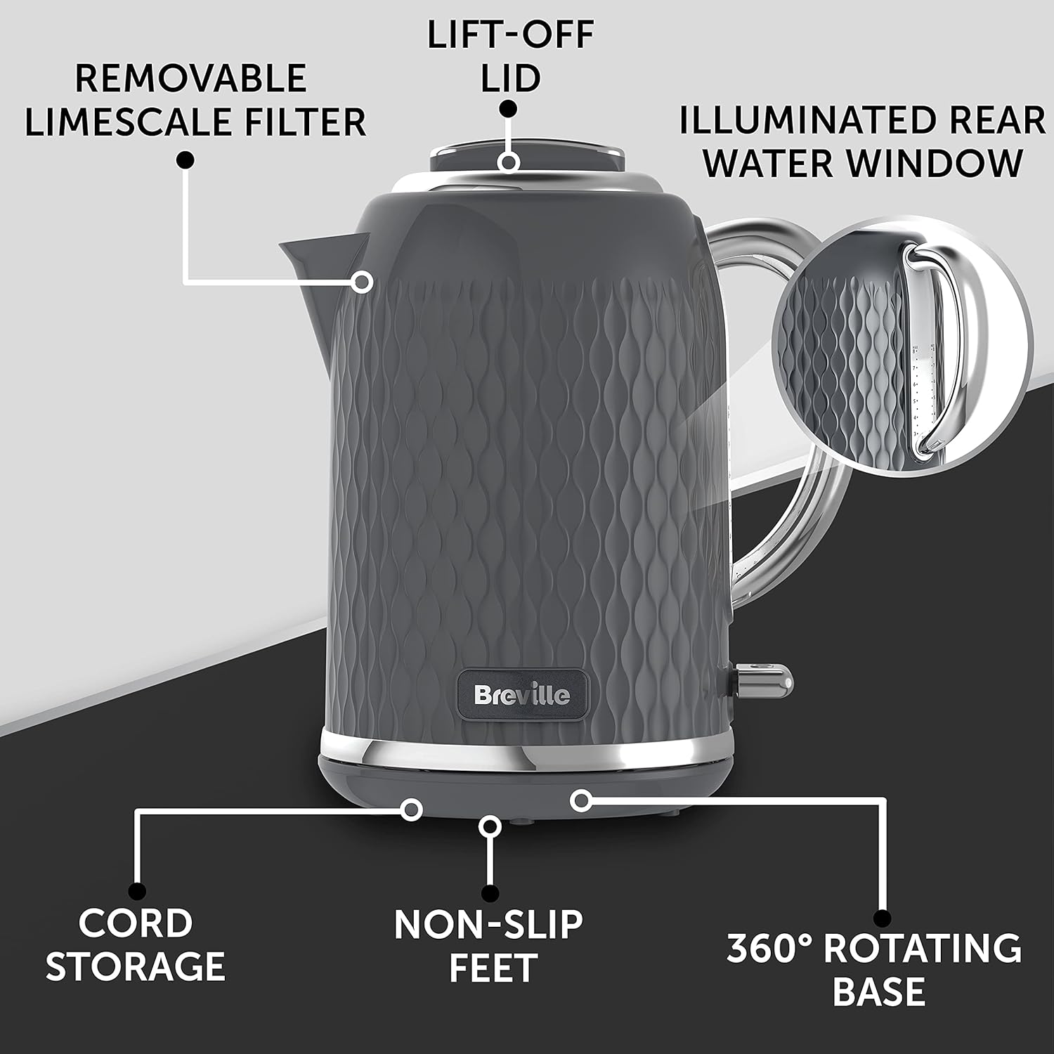 Thumbnail 4 de Breville Curve Electric Kettle (VKT227) – 1.7 L, 3 kW fast boil, grey & chrome