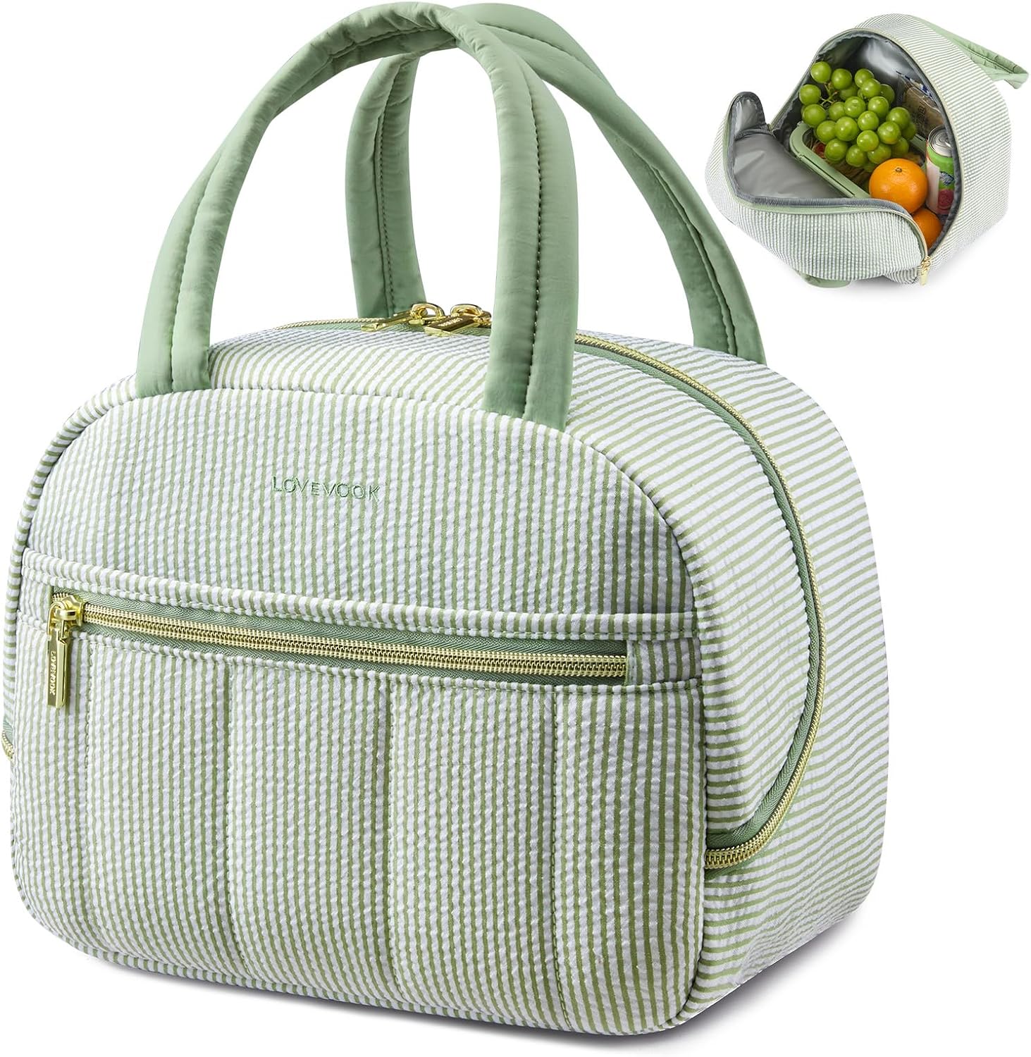Detalle de LOVEVOOK Insulated Lunch Bag, Green and White Stripes