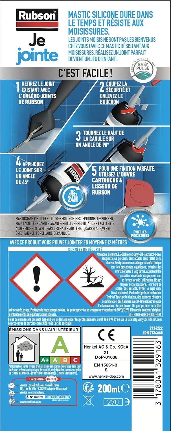 Detalle de Rubson Je Jointe Mastic Blanc 200 ml – mastic silicone étanche prêt à l’emploi pour joints sanitaires