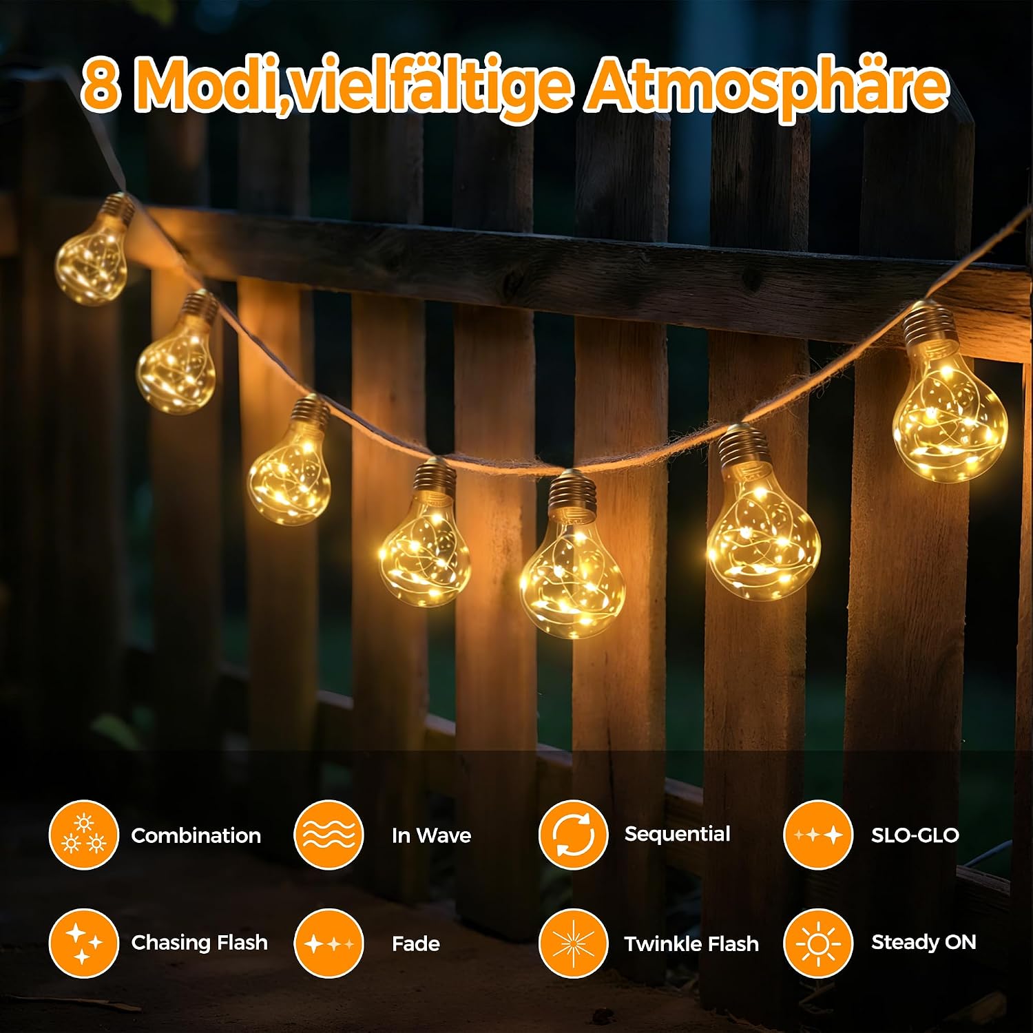 Detalle de HeiPard Solar Lichterkette Außen 8,5 m | 16 A60 LED Glühbirnen, Vintage-Design, USB/Solar, IP45