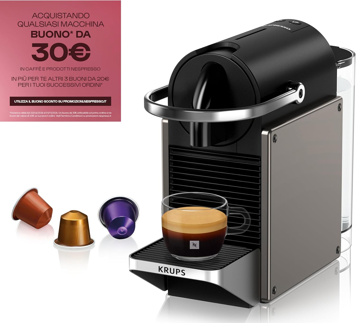 Thumbnail 1 de Krups XN306TK Nespresso Pixie Titan: macchina per caffè espresso compatta, 2 dosi e design robusto