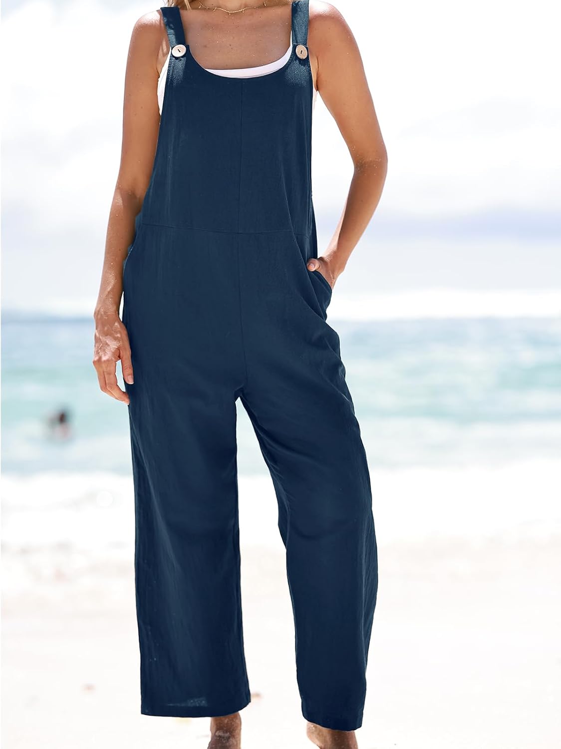 Detalle de CUPSHE tuta da donna in cotone con scollo rotondo e tasche, senza maniche