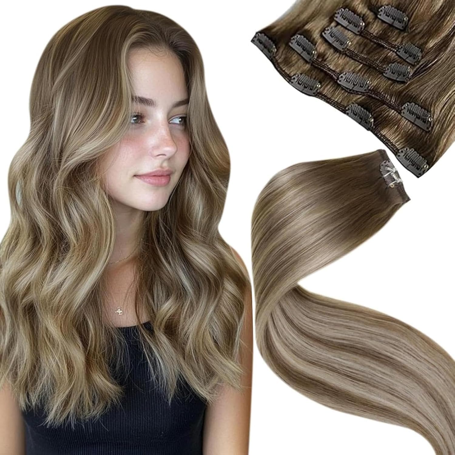 LaaVoo Extension Capelli Veri Clip Balayage Marrone Chiaro con Biondo Platino/Bruno Chiaro (Remy) 30 cm 80 g, 5 clip #8/60/8