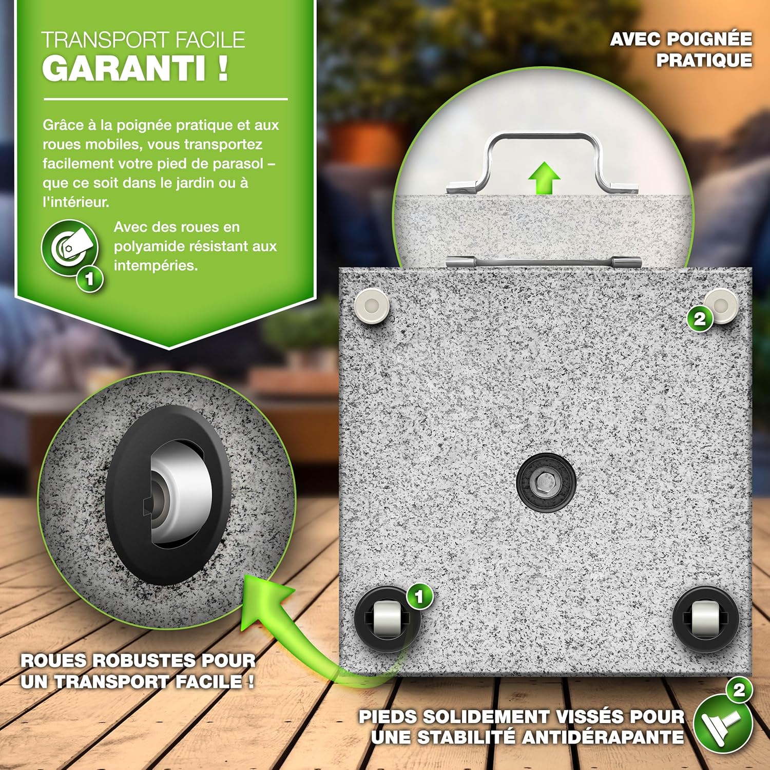 Thumbnail 3 de tillvex Pied de Parasol Angulaire en Granit avec Roulettes et Tube en Acier Inoxydable – 27 kg