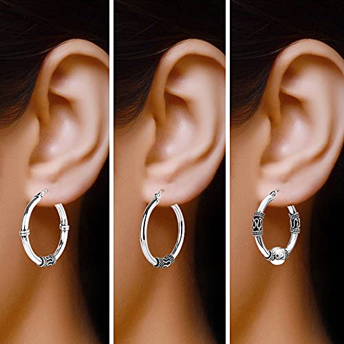 Detalle de LeCalla Lot de 3 boucles d'oreilles créoles balinaises légères en argent sterling – taille moyenne 30 mm