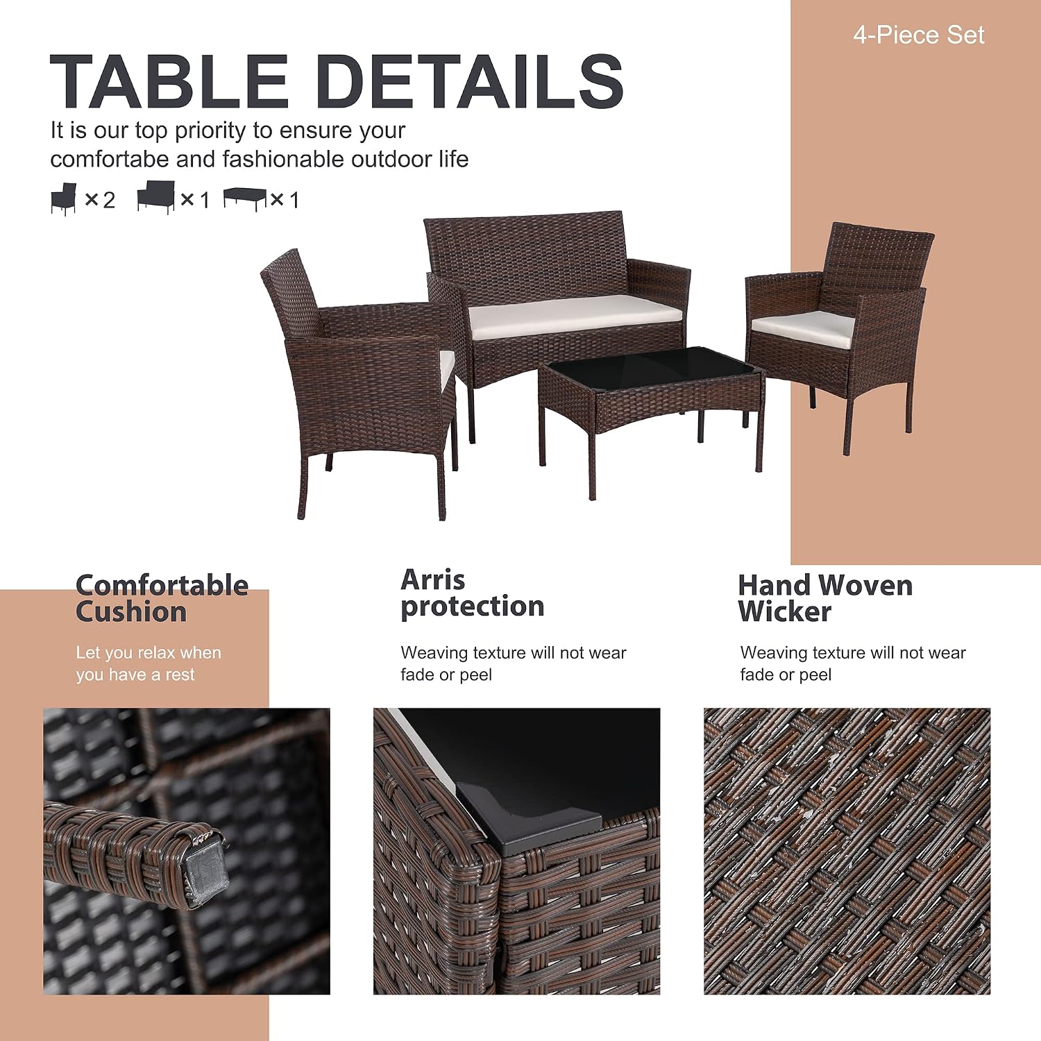 Detalle 2 de Shintenchi BY4VN 4-Piece Patio Furniture Set with PE Wicker and Glass Table