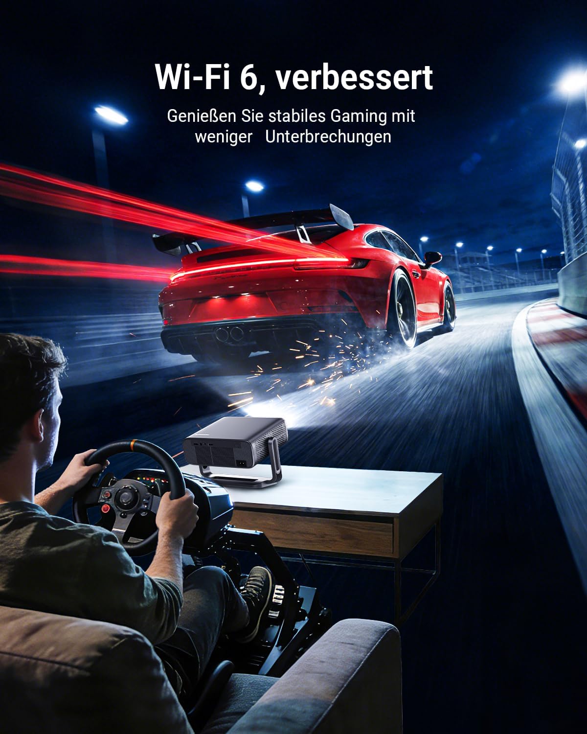 Detalle de Smart Beamer 4K Heimkino mit Google TV – Autofokus, 2500 ANSI, WiFi 6, 360° Stativ, Auto-Objektivabdeckung