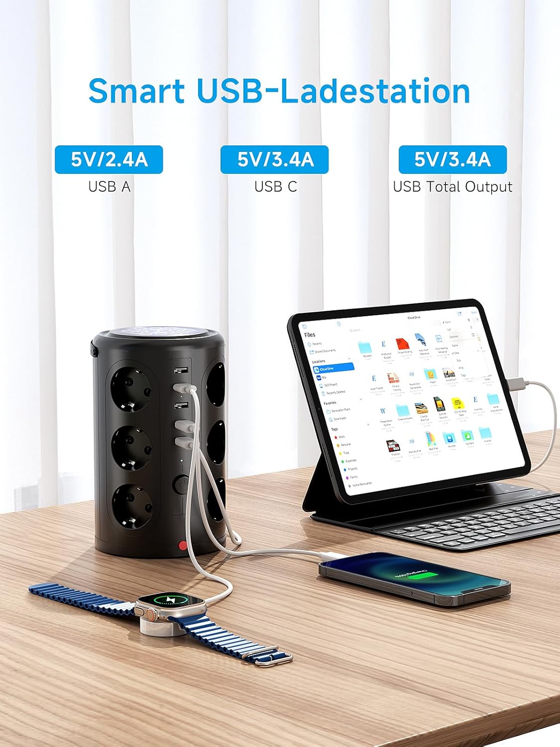 Thumbnail 3 de Pluackg Mehrfachsteckdose mit 5 USB, 12-fach Steckdosenleiste, Überspannungsschutz 1600 J, 2 m Verlängerungskabel – Schwarz