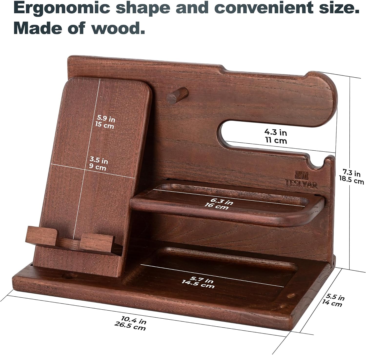 Thumbnail 6 de Teslyar Gifts for Men Solid Ash Wood Phone Docking Station with Key Holder, Wallet & Watch Stand (Light Brown)