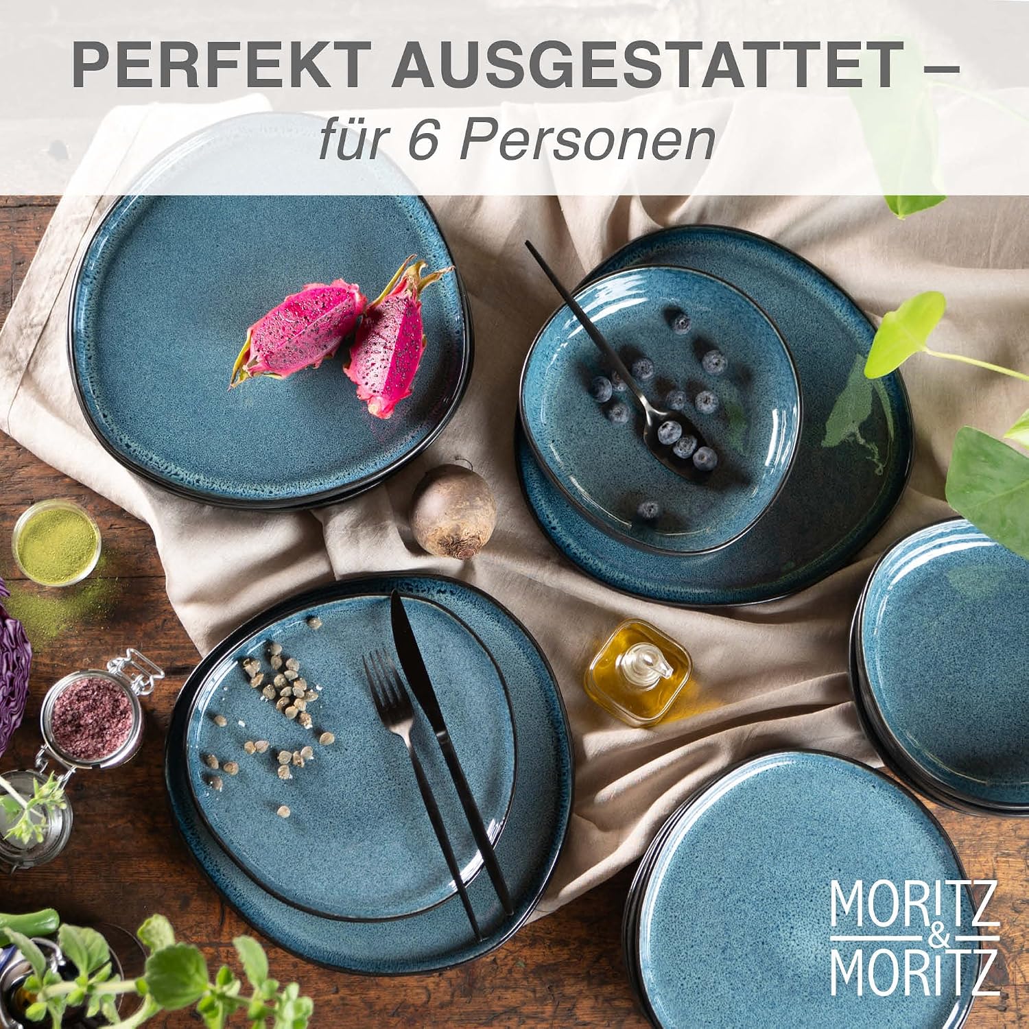 Detalle de Moritz & Moritz ORGANIC 18-teiliges Geschirrset für 6 Personen (Steinzeug, Blau)