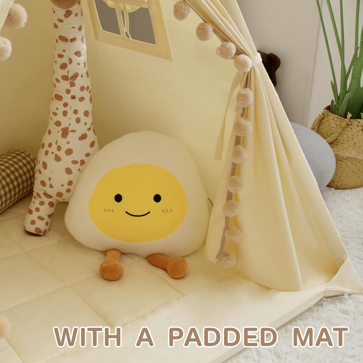 Detalle 2 de WIRHAO kids teepee tent with padded mat, cotton canvas and star lights (cream)