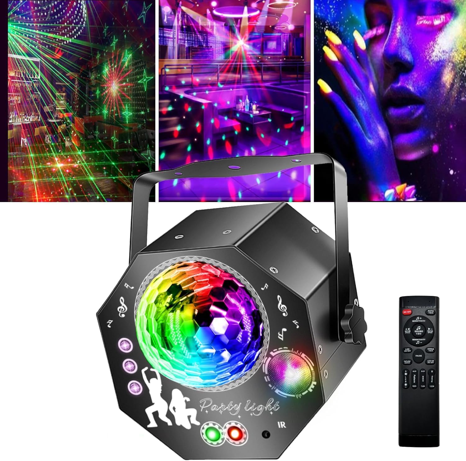 Detalle de Hjh 4-in-1 Discokugel mit Motor und Licht: 64 Muster, Musikgesteuert, Fernbedienung, RGB UV Stroboskop