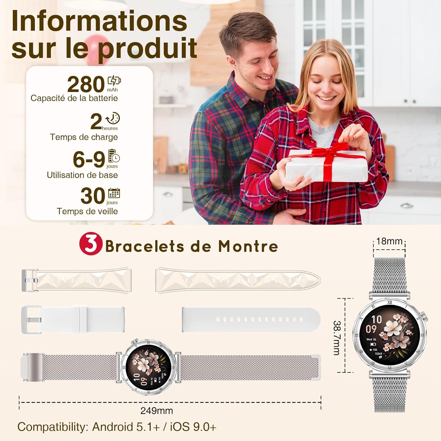 Detalle 2 de Montre connectée Femme (3 Bracelets) - Écran AMOLED 1,19'', IP68, 120+ modes sportifs