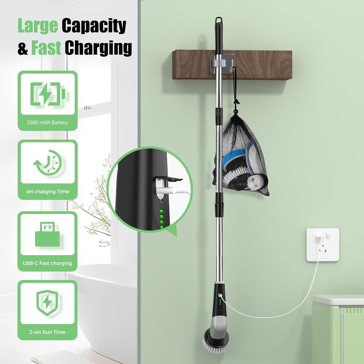 Thumbnail 6 de YKYI QJS8051B Electric Spin Scrubber, 8 Brush Heads, Adjustable Handle, 2 Speeds