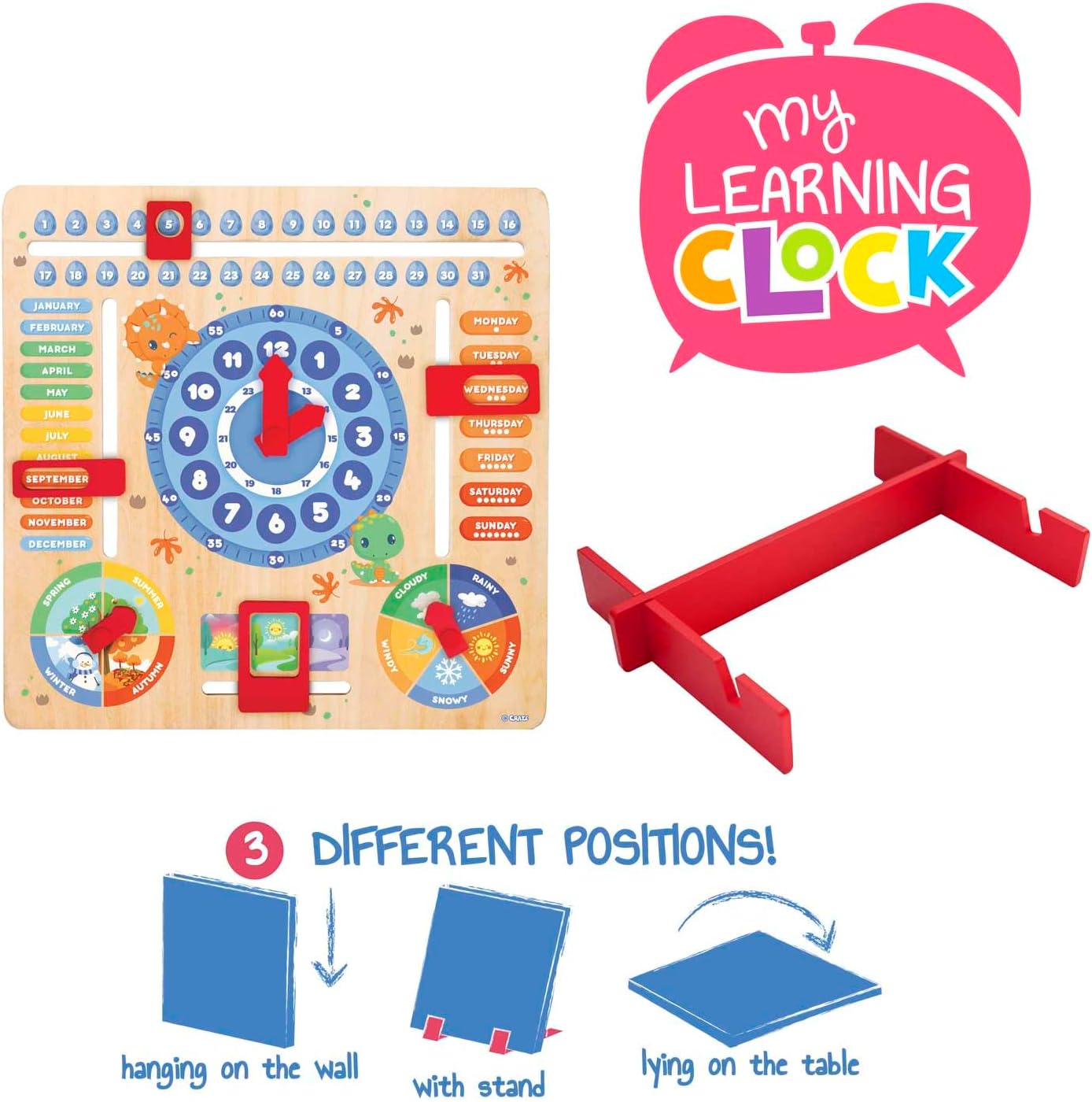 Thumbnail 1 de CRAZE English Learning Clock for Children – Dinosaur‑themed Time and Calendar Learning