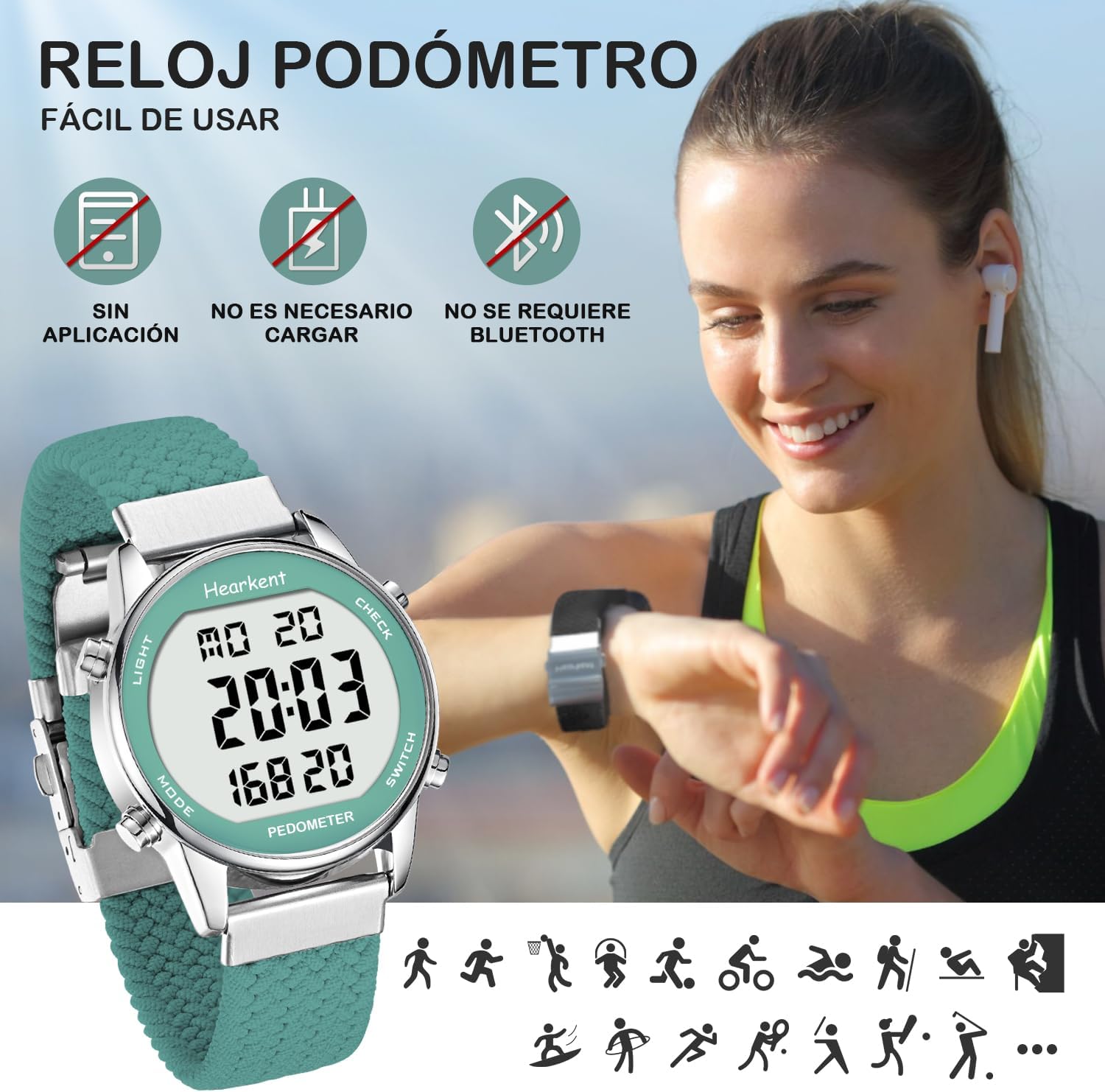 Detalle 2 de Reloj podómetro Hearkent para Mujer 2401 (Verde): pasos, calorías y distancia sin carga ni app