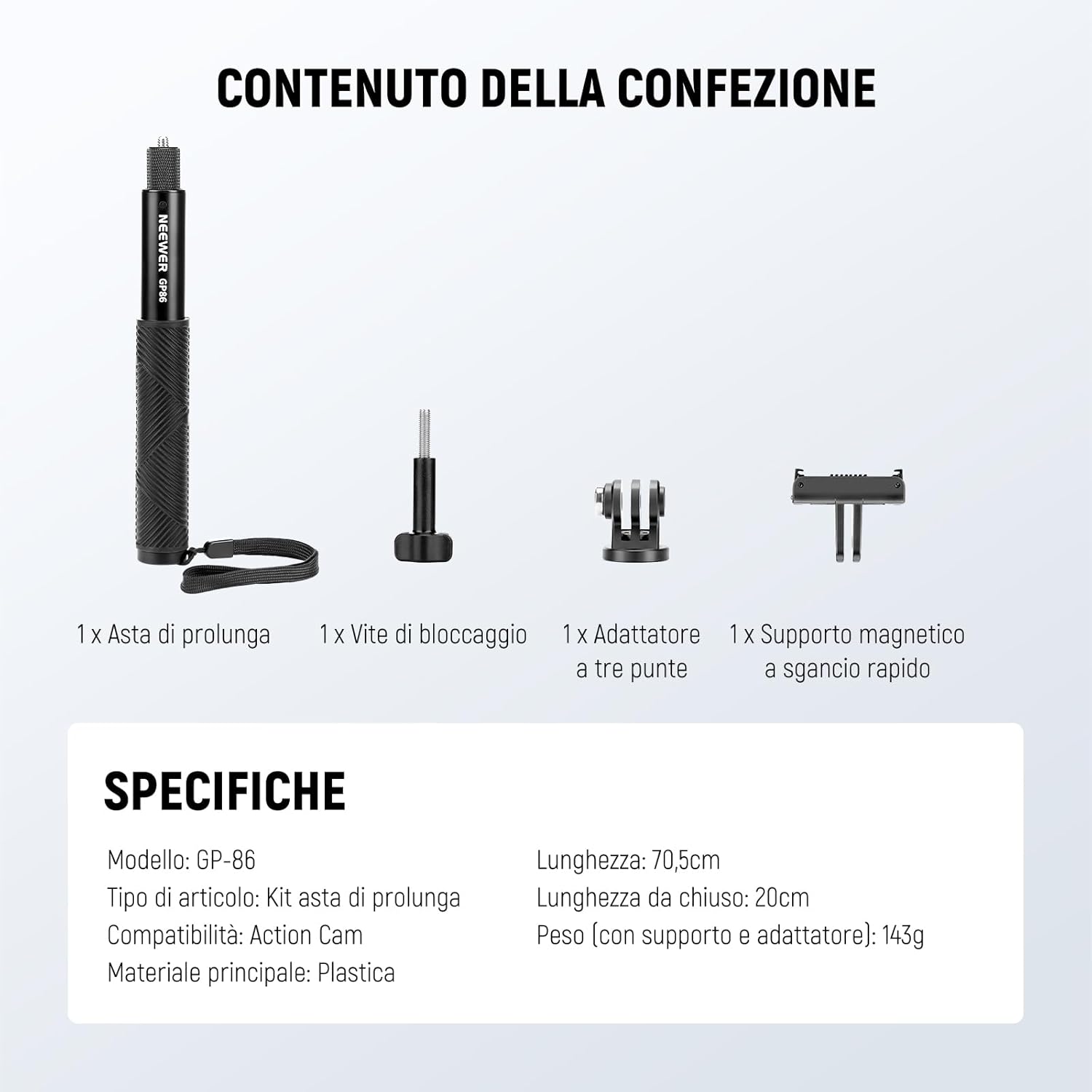Thumbnail 6 de NEEWER GP-86 Kit asta di prolunga telescopica per action cam con selfie stick invisibile e attacco rapido magnetico