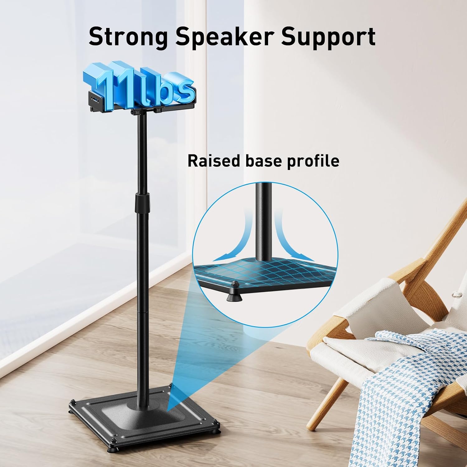 Detalle de PERLESMITH PSSS2 Universal Height-Adjustable Speaker Stands (Surround Sound, 33.3–45.1 in), Pair, Black