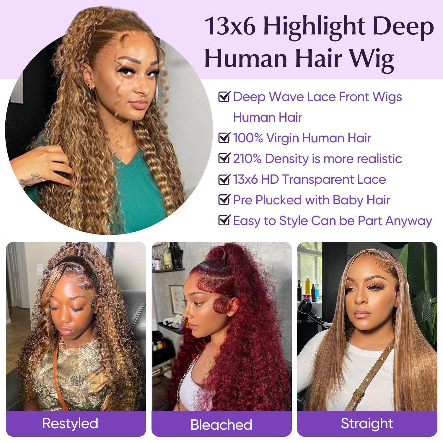 Detalle 2 de Harmsh 30inch Highlight Ombre 13x6 HD Lace Front Wig (Deep Wave, Honey Blonde)