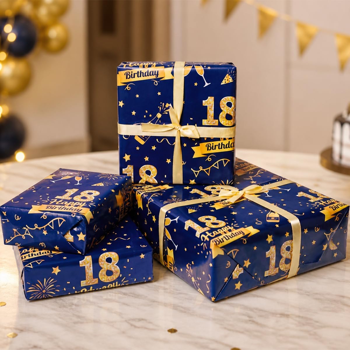 Detalle 2 de 18th Birthday Wrapping Paper Set with Tags, Ribbons and 6 Sheets – Blue & Gold