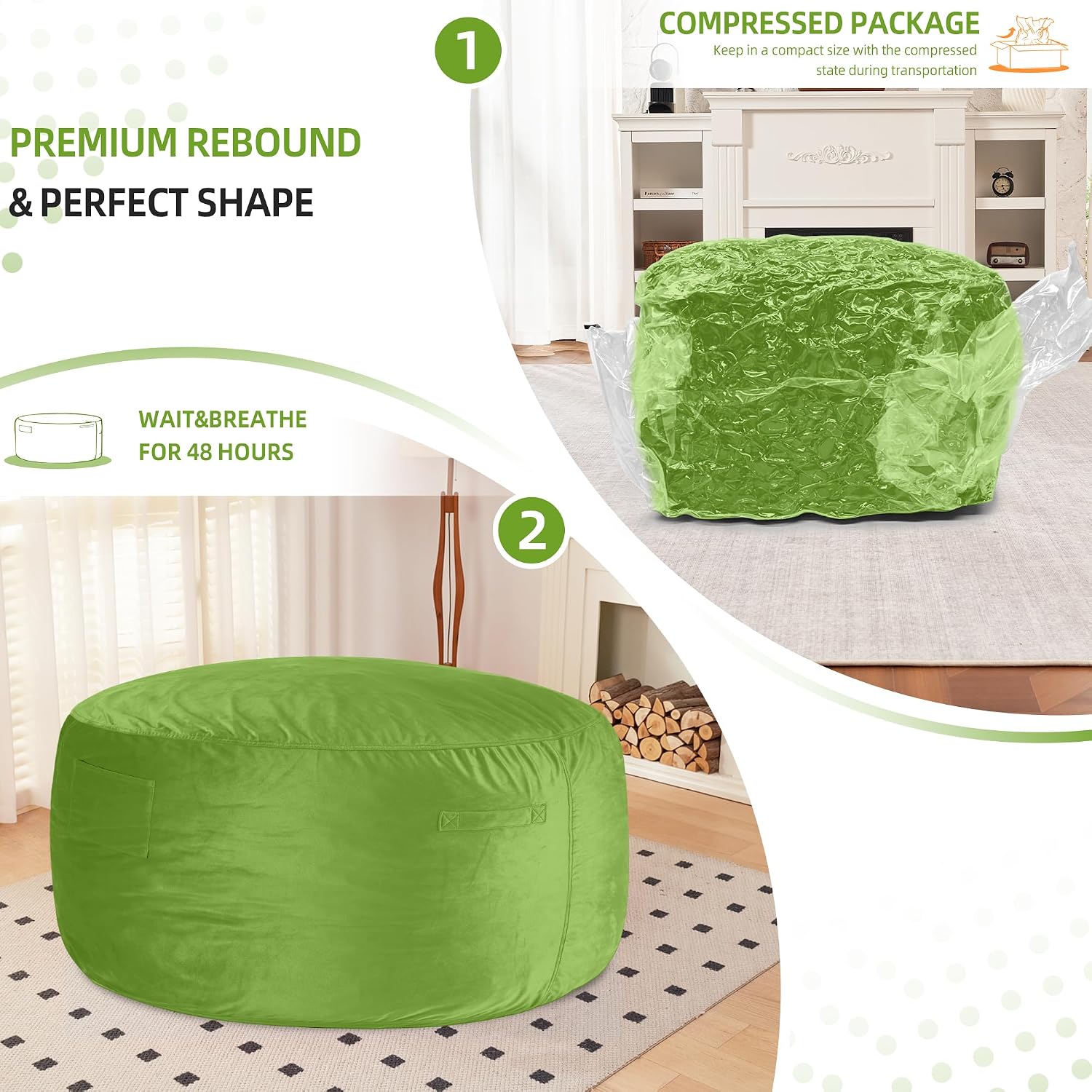 Thumbnail 6 de HABUTWAY 62-043-Green 3FT Bean Bag Chair, Velvet Cover, Foam-Filled