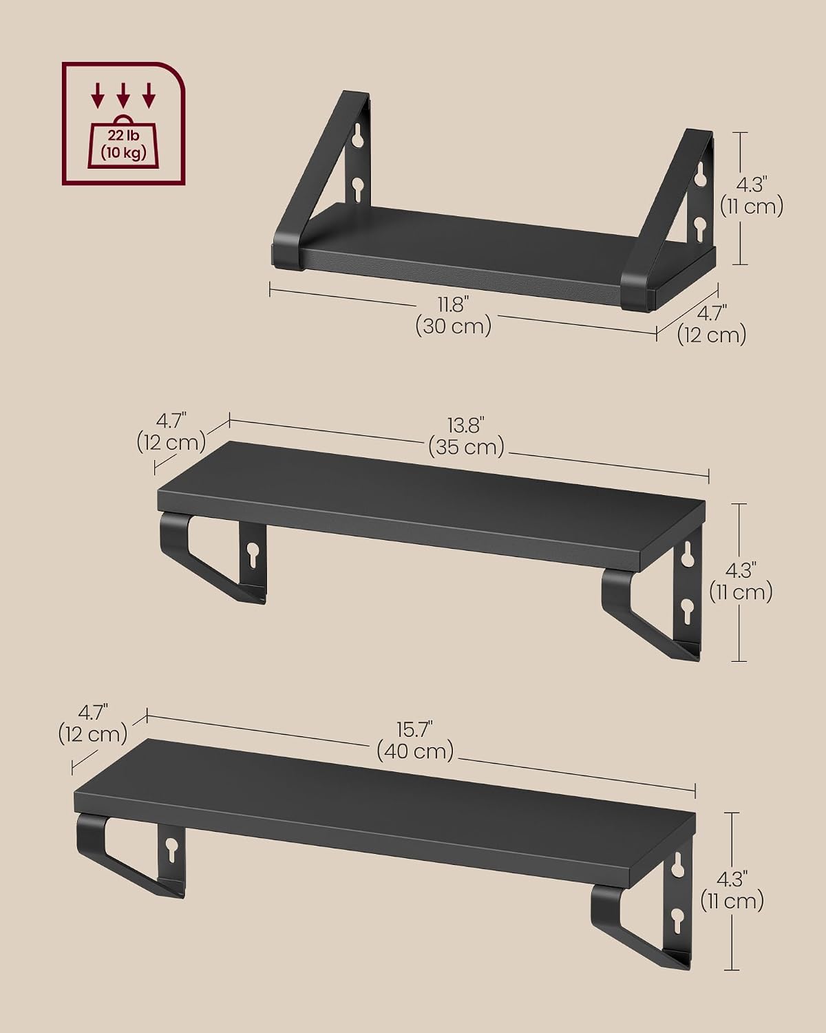 Detalle de VASAGLE LWS033B10 Floating Wall Shelves, Set of 3, 30/35/40 cm, Ink Black