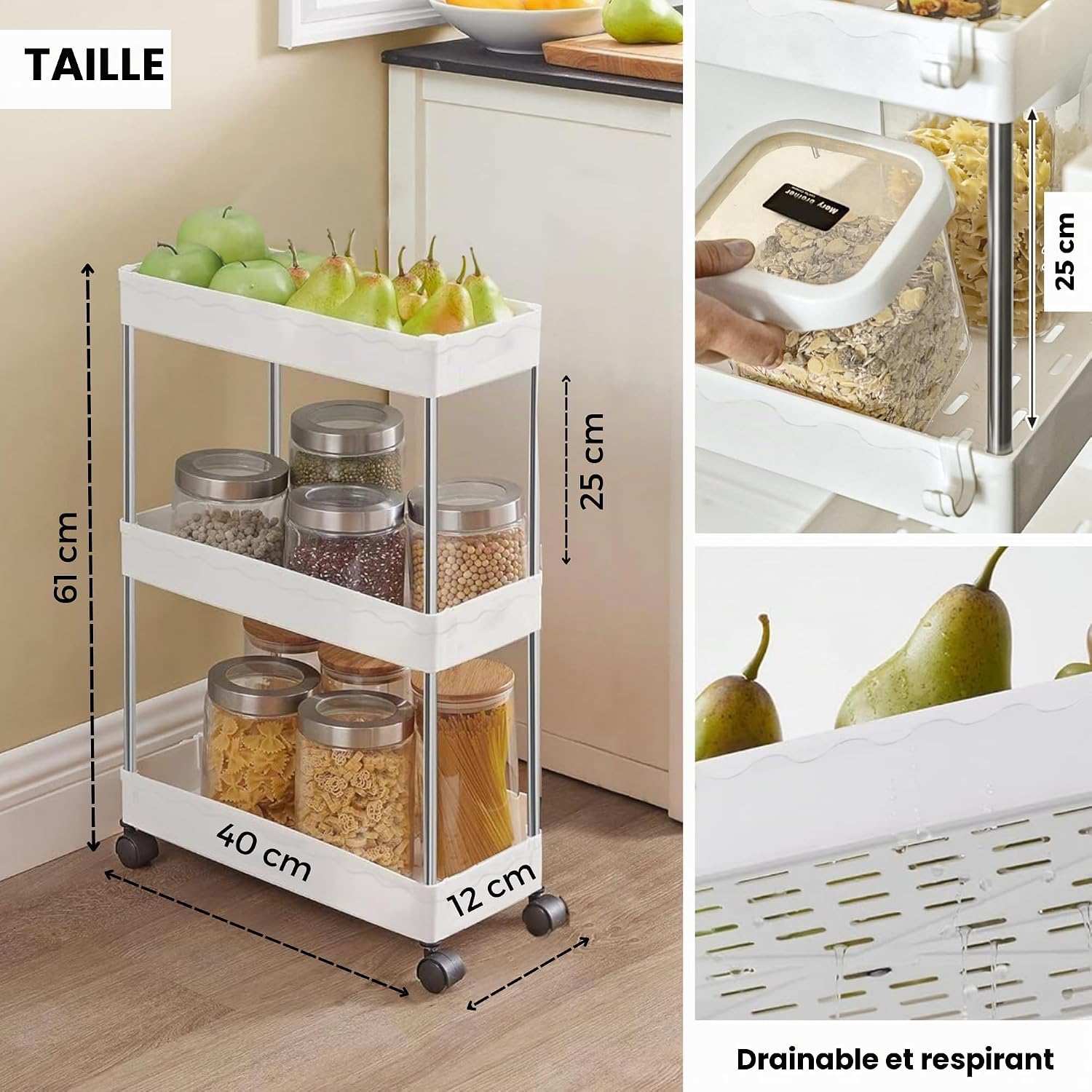 Detalle 2 de MAGIC SELECT C6267 opbergwagen met 3 niveaus, wieltjes en afneembare haken