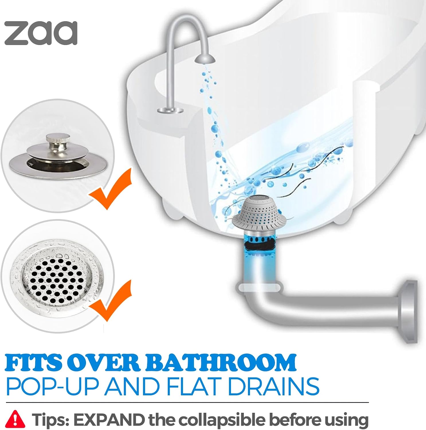 Detalle de zaa CA-DPT-1P-G-0221 Collapsible Silicone Bathtub Drain Hair Catcher, Light Grey