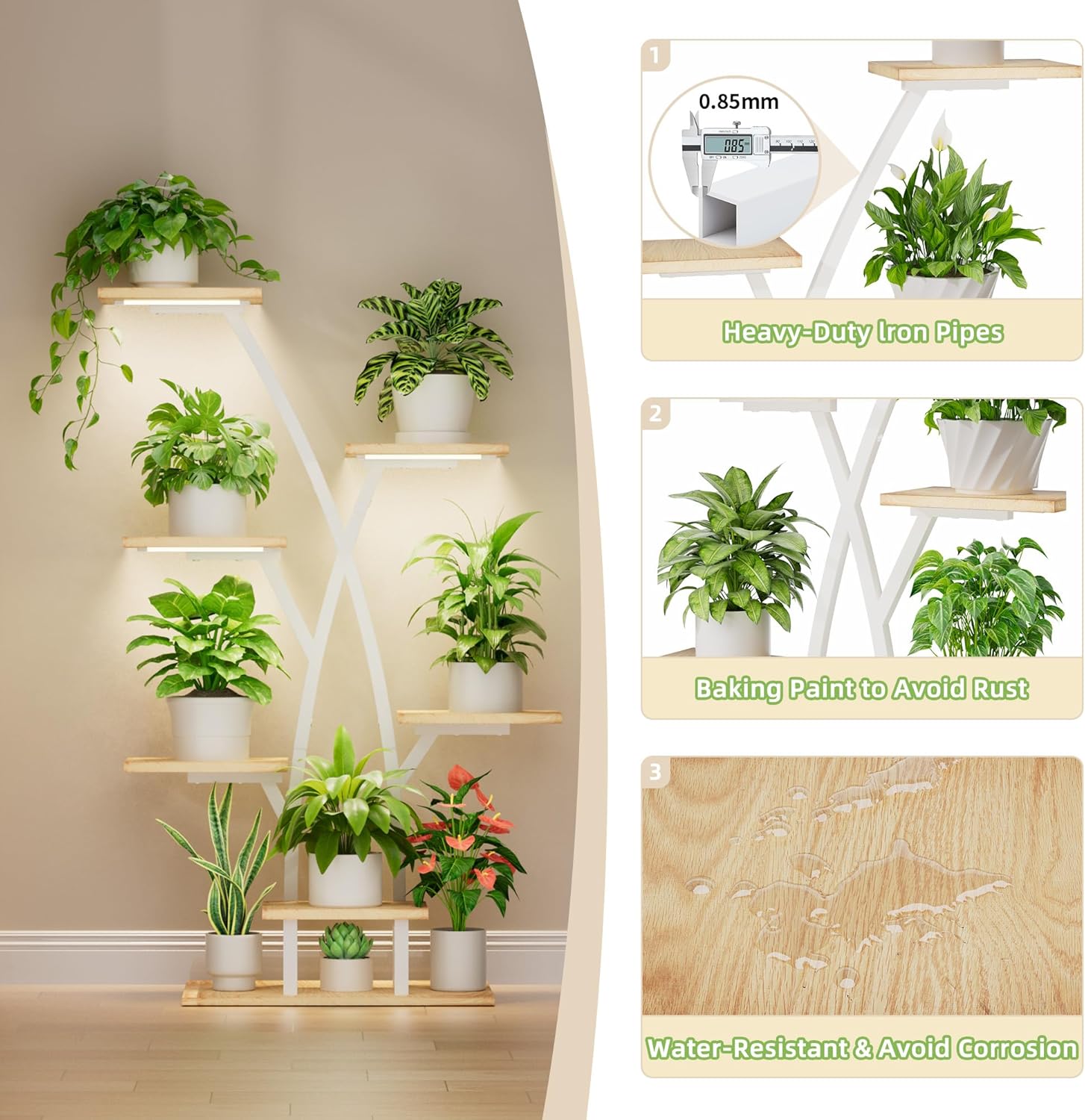 Detalle de BACEKOLL Supporto per piante con luci di crescita: scala a 7 livelli, 105 cm in metallo e legno, bianco
