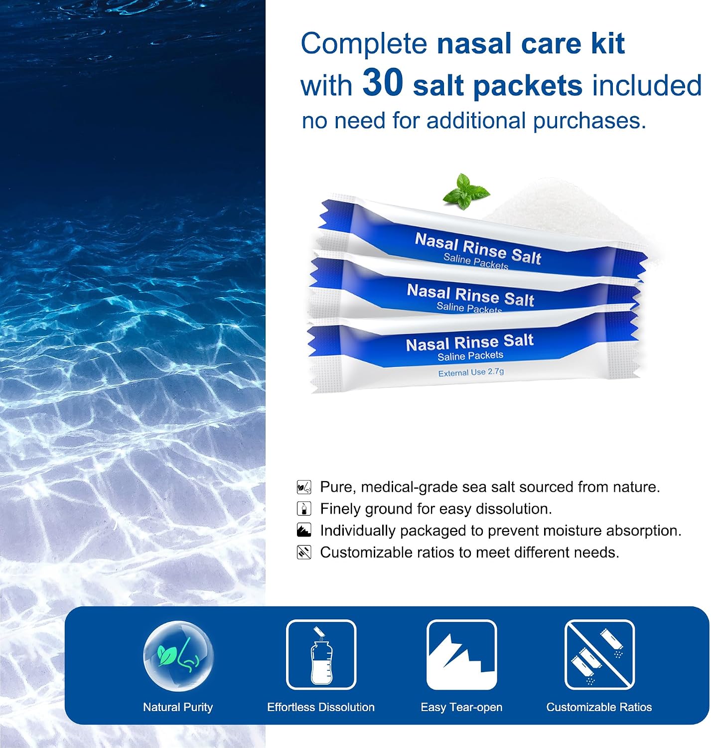 Detalle de MAOEVER xibiping-1 Nasal Rinse Bottle, 300 mL, 30 Saline Packets, Blue