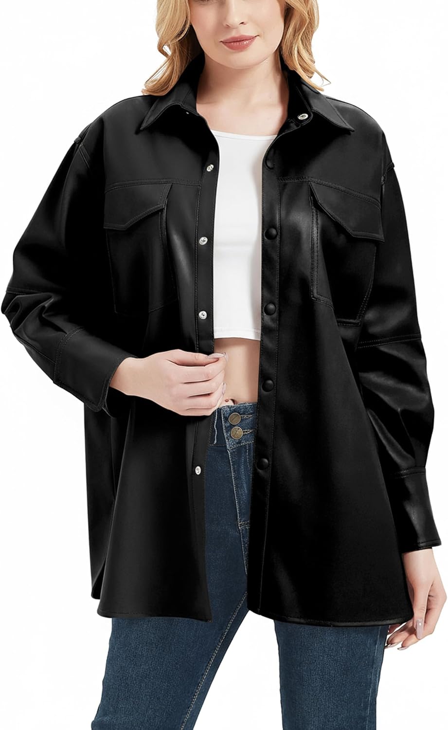 Thumbnail 6 de RISISSIDA Women's Faux Leather Shacket with Brushed Lining and Chest Pockets
