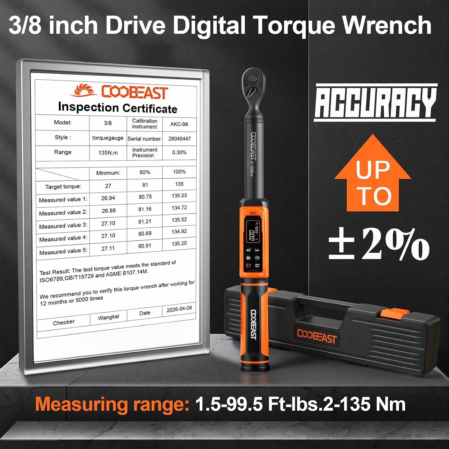 Detalle de coobeast SXBS02HS135NM9US Digital Torque Wrench, 3/8-Inch Drive, ±2% Accuracy