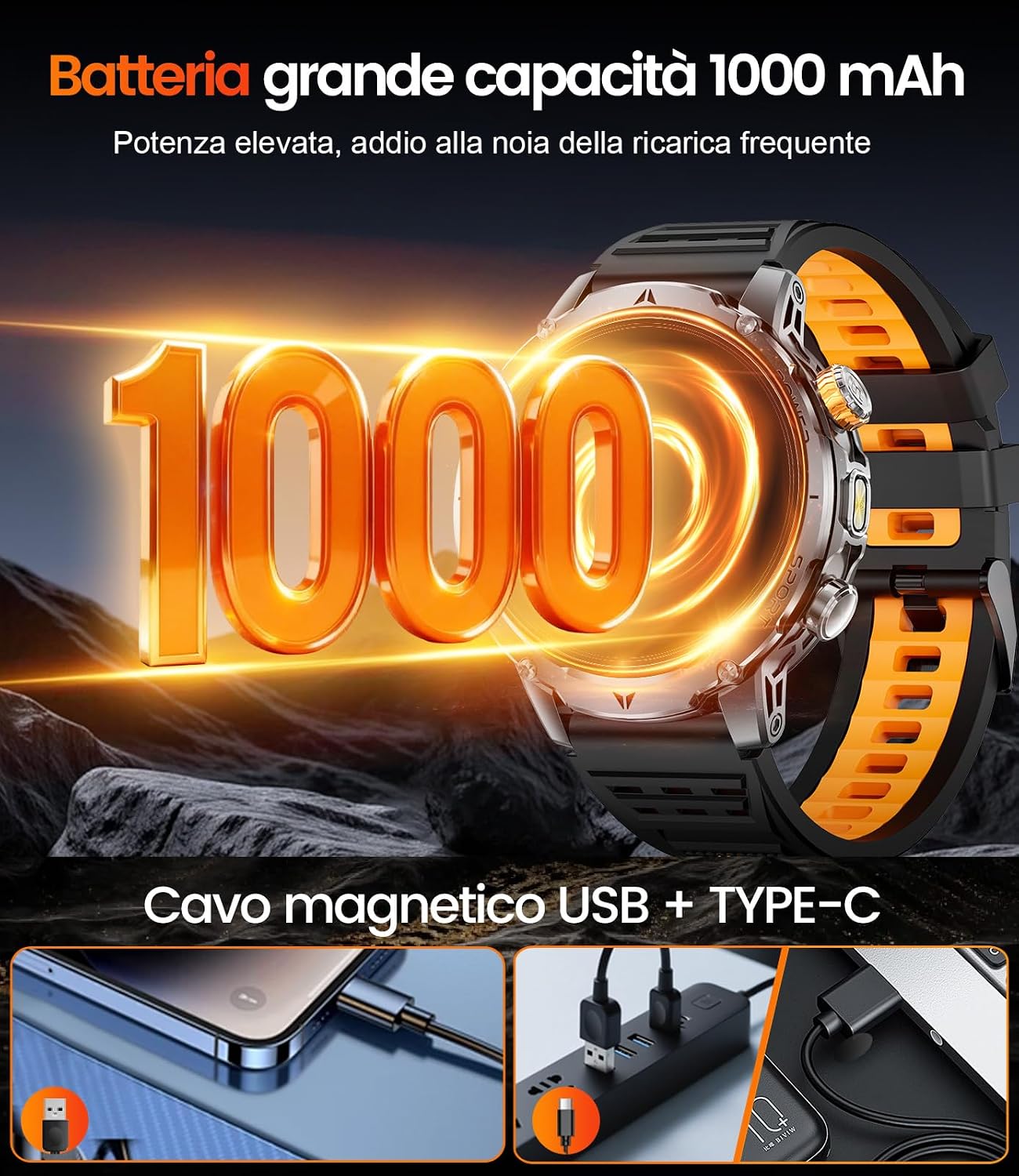 Detalle de SUNKTA Orologio intelligente militare da uomo con batteria 1.000 mAh, display 1,7”, Bluetooth, chiamate e monitoraggio salute