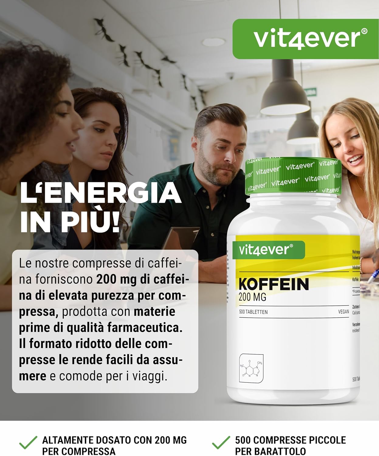 Detalle 2 de Compresse di caffeina da 200 mg ciascuna – 500 compresse, 200 mg caffeina anidra (vegane) vit4ever