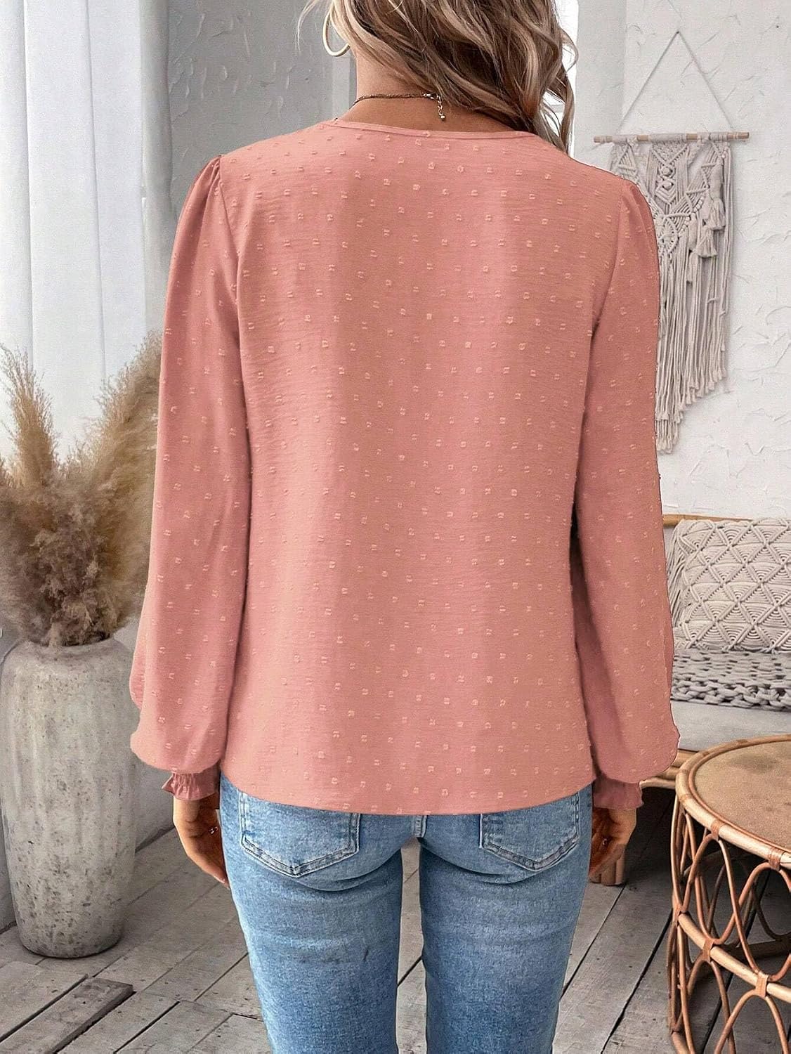 Detalle de LEKOPUR Bluse Langarmshirt – Elegantes Chiffon-Top mit V-Ausschnitt