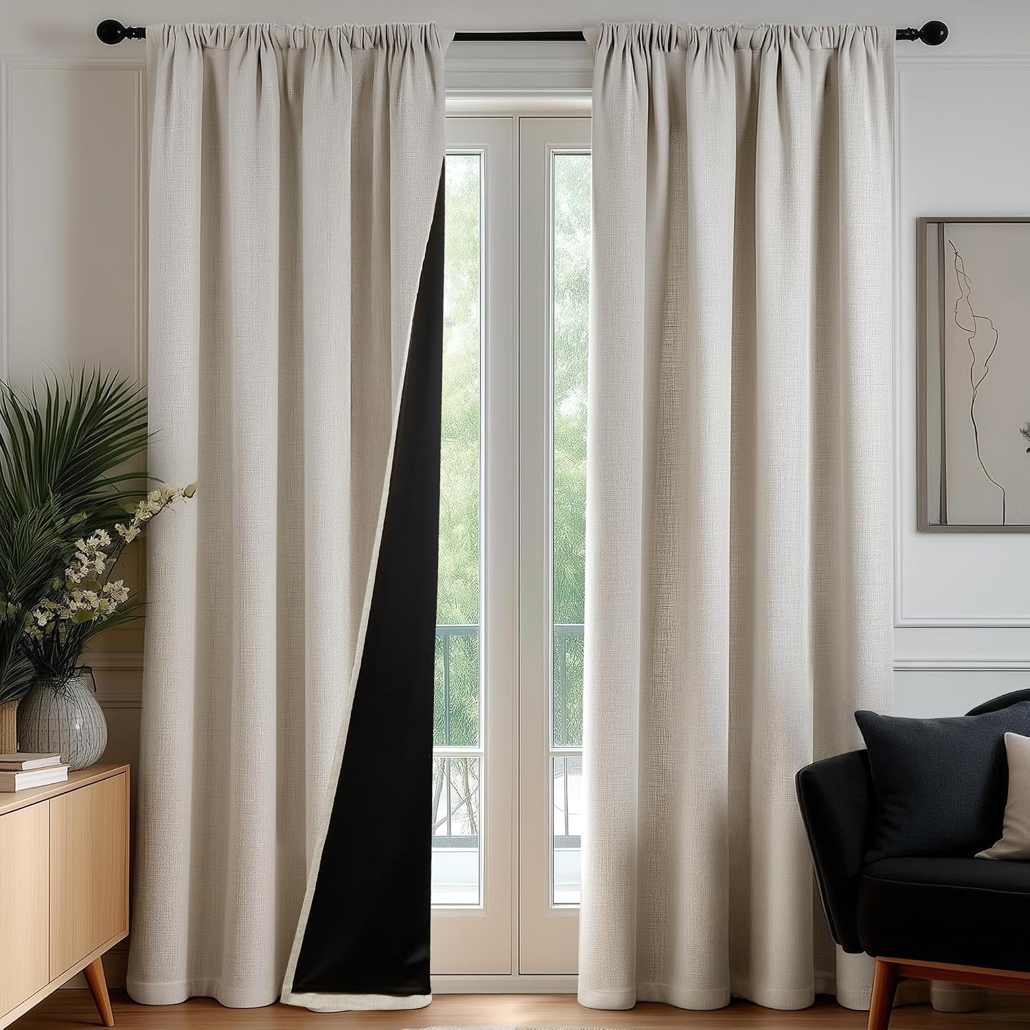 Detalle de Deconovo Rideaux Opaques à Fronces, Aspect Lin – 140x220 cm (2 pièces), Noir, Doublure thermique
