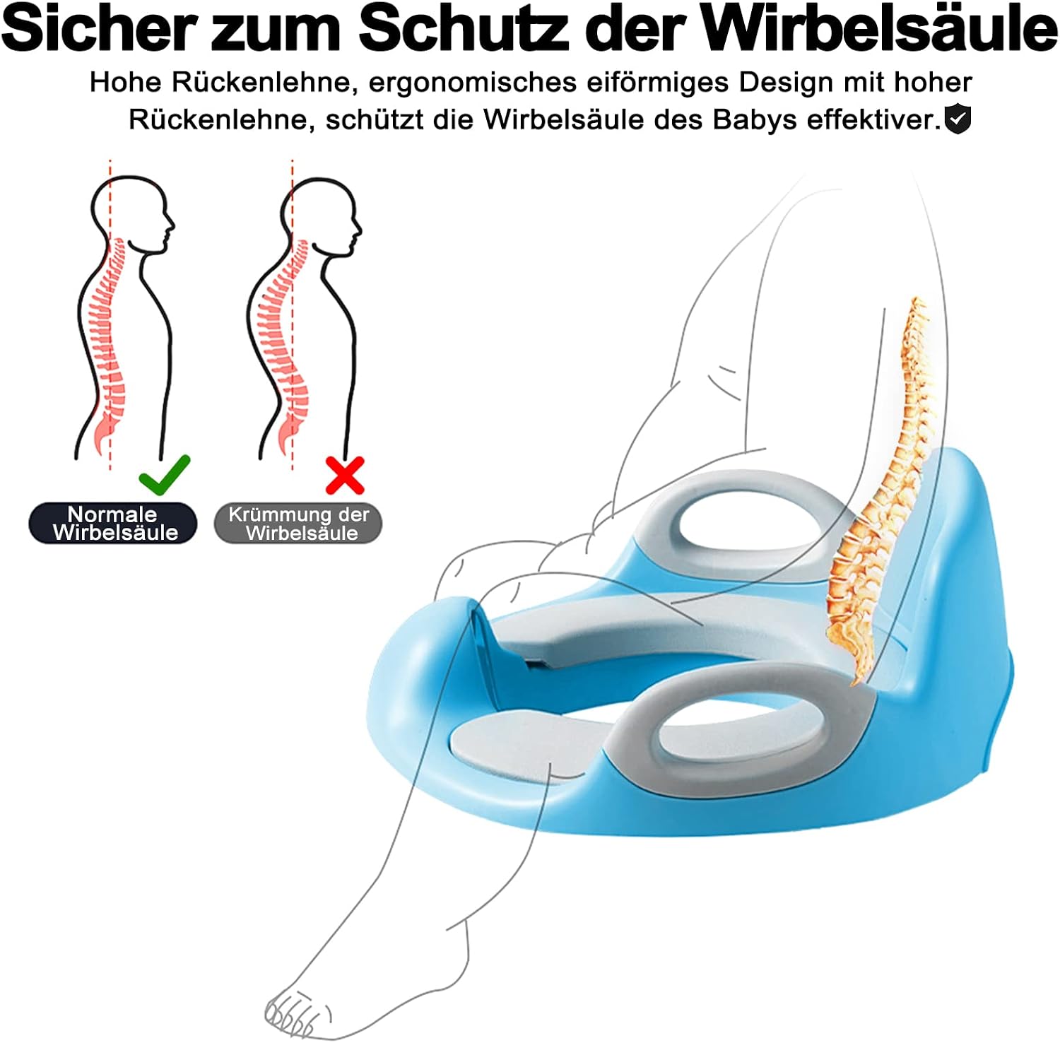 Detalle de UISEBRT Children's Toilet Trainer Seat with Cushion, Handles and Backrest, Blue and Grey