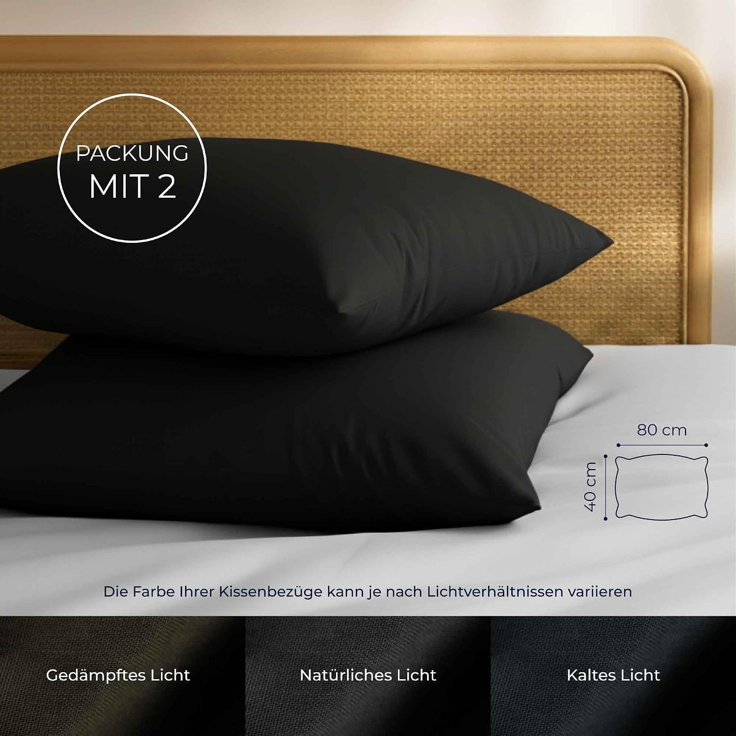 Detalle de Dreamzie Kissenbezug 40 x 80 Renforcé Baumwolle (2er-Set) – Schwarz, dicht gewebt mit 57 Fäden/cm²