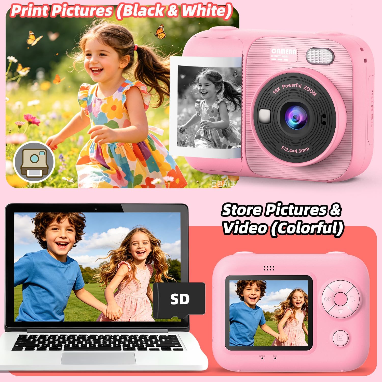 Detalle 2 de HOOMOON P97 Kids Instant Print Camera, 1080p Video, 5 Paper Rolls, Pink