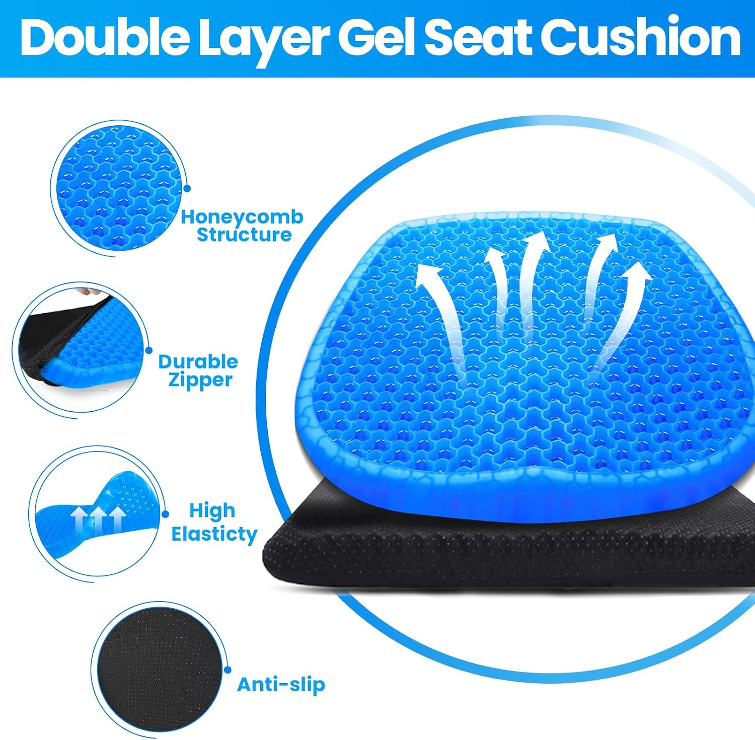 Detalle de Wenisuow Gel Seat Cushion with Cover – Double Thick Egg Design, Large 47 x 42 x 4.5 cm